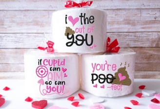 Valentine's Day embroidered toilet paper rolls with humorous sayings like "You're poo-fect" and "I l