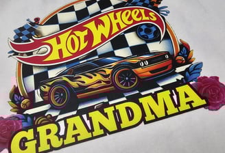 Custom Hot Wheels Grandma design with race car, flames, and checkered flag background – personalized