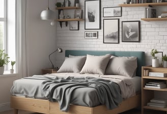 The image depicts a cozy and stylish interior of a tiny home or a mobile home featuring a mix of modern and rustic decor. The walls and ceiling are made of light wood, and the floor has a warm wooden finish. There is a wicker chair with a blue cushion, a wicker basket with a green plant, a small table, and various woven decorations hanging on the walls. The small kitchen area includes white cabinetry, a stove, a refrigerator, a sink, and a wooden countertop. Several plants are placed throughout the space. Towards the back, a bed and more decorations can be seen, with a dog lounging on the bed.