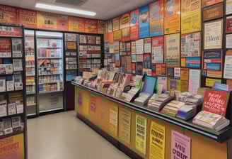 A storefront with various promotional banners and signs in multiple languages advertising ticket exchange services. The counter displays numerous tickets and small items, while the walls are covered with colorful posters and price listings.