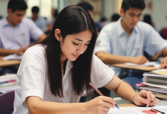 A group of children is seated at tables in a modern classroom or learning center, using tablets and wearing face masks. The environment is bright and airy with large windows and advanced equipment around the room. A teacher or instructor is present, providing guidance.