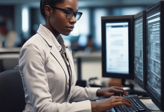 A person wearing safety glasses and gloves operates a scientific instrument, possibly in a laboratory setting. They hold a small vial near a device labeled 'Applied Nanofluorescence' while a computer monitor shows data graphs and charts in the background.