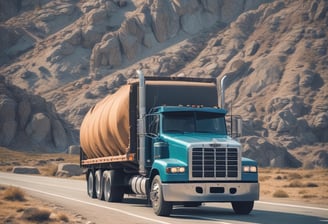 A large black semi-truck with a chrome grille is parked on a sandy construction site. The truck is towing a flatbed trailer carrying an orange heavy-duty construction vehicle. A person wearing a white hard hat and yellow safety vest stands next to the truck. The site is surrounded by dirt and some construction equipment, with trees and blue sky in the background.