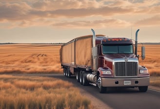 A large semi-truck with a trailer is parked on a gravel road. The trailer carries a cylindrical object. The sky is expansive with a backdrop of a colorful sunset, casting orange and pink hues against the wispy clouds.