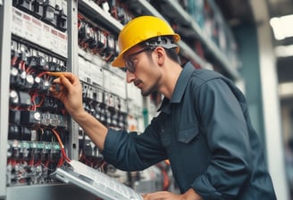 A modern commercial building exterior featuring large glass windows and vertical architectural lines. The street in front of the building is bordered by young trees and neatly trimmed shrubs. On the right, there are two large, colorful sculptures resembling bears, adding a playful element to the scene. A wide sidewalk and a streetlamp with banners contribute to the urban setting, while a covered walkway with decorative designs is visible above.