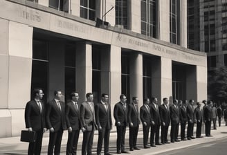 A group of people dressed in formal attire are standing in front of a real estate office. The storefront displays a large sign with an URL and various social media icons, and text in a foreign language. The group mostly consists of men in white shirts and dark trousers, standing in a straight line, with two women at either end of the row.