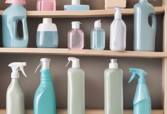 a shelf with several bottles of cleaners and bottles of cleaners