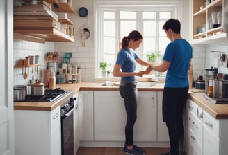 a man and woman in a kitchen preparing to cook