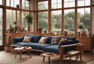 A store window display featuring a mix of vintage and eclectic furniture items. Prominent objects include a striped yellow and gray upholstered armchair, decorative pillars, an ornate mirror, and green plants. Reflections in the glass reveal city street signs and part of a building exterior.