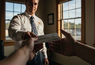 Photo of government official handing a large check to a person. Generated by Imagen 3