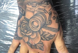 a person's hand with a camera on it
