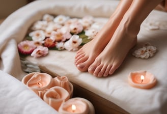 A nail salon setting featuring two hands, one receiving a manicure while the other is filing the nails. The workspace includes a ventilation device and a selection of colored nail polish samples.