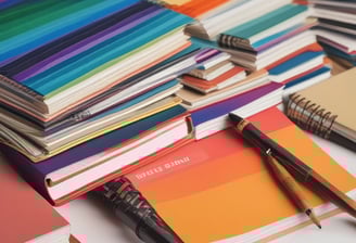 A series of cards labeled 'Brand Positioning' are displayed on a blue surface. The cards have blue and white sections, featuring text about strategic brand concepts. Nearby are a blue pen, a color swatch card, a book with circular patterns on the cover, and a black and blue marker. The arrangement is neat and organized, suggesting a theme of branding and design.