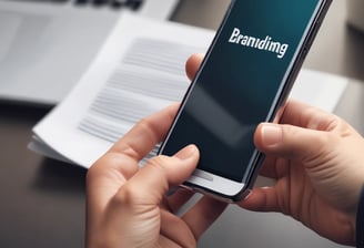 A hand holding a smartphone displaying a webpage titled 'Creating a Brand' with navigation options like Home, Discovery, Members, and Topics. The background is out of focus, providing a neutral setting.