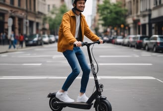 a man riding a scooter in a city