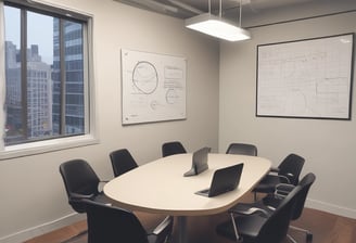 A professional consultation setting with a medical professional sitting at a desk facing a client. The room has a modern aesthetic with white walls decorated with framed certificates. The desk is organized with office supplies, a laptop, and a fruit bowl in the center.