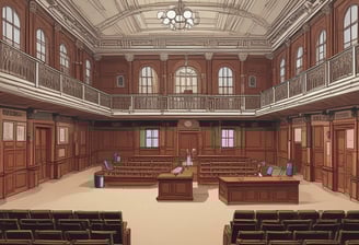 A grandiose courtroom with intricately carved wooden paneling and high ceilings. A row of tall, brown leather chairs lines the back, situated beneath an elaborate decorative relief. The room features a large wooden desk in the foreground. Two flags are present, one with a star on a blue background and red and white stripes, and the other with blue and yellow accents.
