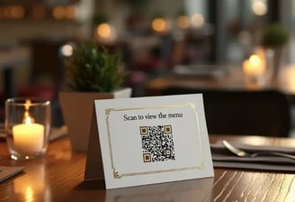 Código QR numa mesa de restaurante para escanear e aceder ao menu digital sem contacto.