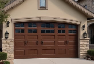 A decorative garage door with horizontal stripes in a variety of bright colors. Above the door is a sign with blue letters reading 'Humber'. The building facade is light-colored and the ground is paved.