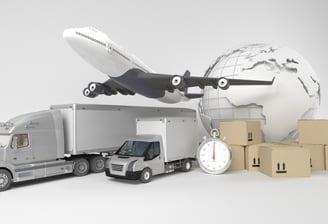 Trucks, airplane, globe and boxes