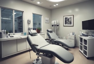 A person in a blue shirt with the logo 'Angels for Humanity' provides dental care to a young patient lying on a dental chair. The setting appears to be a makeshift dental clinic with blue medical equipment and supplies on tables. Other team members in similar attire are visible in the background, some attending to other patients.