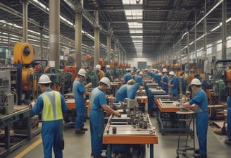 A room filled with several people, with a focus on a woman and child seated on blue chairs. The woman, wearing a red outfit, watches as the child receives a check-up from a person with long hair, possibly a healthcare worker, who holds medical equipment. In the background, more individuals, some with medical masks, are engaged in activities, likely related to health services. Posters and a blue banner adorn the walls, and sunlight streams through barred windows.