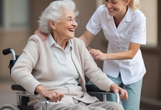 An elderly person in a wheelchair is facing down a long corridor lined with doors. The lighting is dim, casting shadows along the tiled floor. The person is wearing a patterned shirt and the corridor appears to be in a clinical or institutional setting, possibly a hospital or care facility. An open door on the right side reveals part of another room.