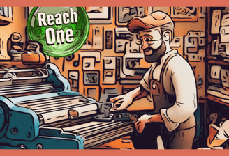 Old cartoon man working the printing press at the Reach One Media studio.