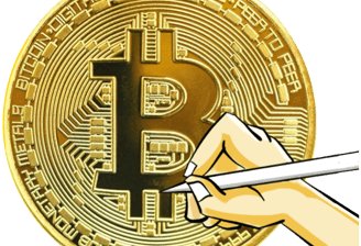 Cartoon hand drawing a Bitcoin image token.