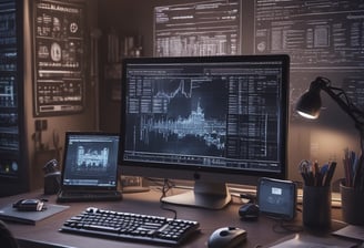A dimly lit room features a desktop monitor and a laptop on a desk, both displaying lines of code and digital graphics. The primary focus is on programming and software development, with a dark, tech-centric theme.