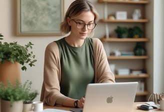 a woman sitting at a table with a laptop computer