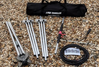 Pro Antennas I-Pro Traveller HF antenna components laid out on a pebble beach