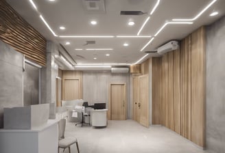 a dental room with a chair and a monitor