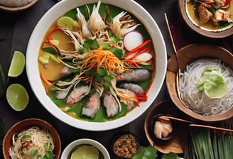 A variety of Thai dishes are arranged on a wooden table, featuring rich and colorful food. On the upper left, a bowl of creamy white soup is garnished with vegetables and oil droplets. Next to it, a bowl of reddish-brown rice is placed beside a beverage in a glass. The upper right features a bowl of curry with chunks of meat, spices, and a bay leaf. Below, a dish with a serving of Pad Thai has bean sprouts, a slice of lime, and crushed peanuts. Another curry dish is accompanied by rice noodles, herbs, and onions. To the left, a plate holds a vibrant papaya salad with tomatoes, beans, carrots, and peanuts.