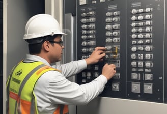 A modern elevator is centered between illuminated panels with a minimalist, geometric design. The elevator doors are metallic and closed, with control buttons on either side. Above the doors, a display shows the number 3.