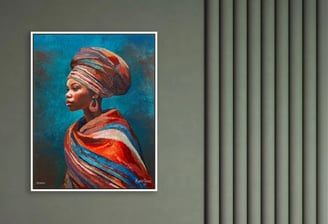 African Queen portrait painting by Martin Osner, featuring a woman in traditional attire against a textured teal background.