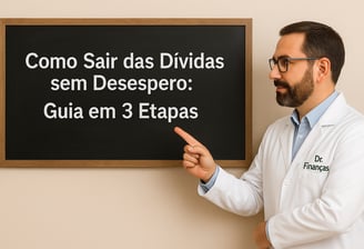 Dr. Finanças explicando como sair das dívidas sem desespero em 3 etapas, apontando para quadro negro