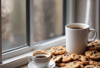 A selection of homemade cookies arranged on a white wooden surface, with some placed on a cooling rack and others on a cutting board. The cookies are dotted with chocolate chips and some have chunks of chocolate. Near the cookies are ingredients including rolled oats, chocolate chips, and Himalayan pink salt. A whisk with a red handle, two white eggs, and a glass bottle of milk are also present.