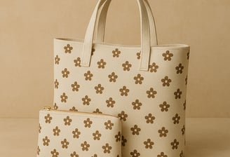 B9see, Stylish beige tote bag with floral prints and matching small pouch