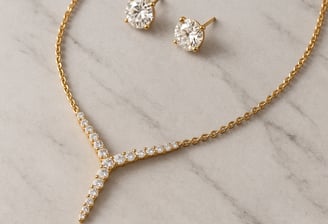 B9see, Elegant gold necklace and stud earrings set displayed on marble surface
