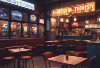 A warm and inviting view of a cozy restaurant interior with a prominent neon sign reading 'Surya' above the text 'Indian Street Food & Drinks'. The inside features a rustic decor with wooden tables and a mixture of chairs. Dim lighting and pendant lamps create a relaxed atmosphere, while reflections in the window hint at street art and an urban setting outside.
