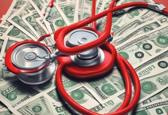 A stethoscope with red tubing placed over a stack of 20-euro banknotes, symbolizing a connection between healthcare and finances.