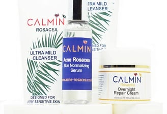 a variety of skin care products including a bottle of calmin