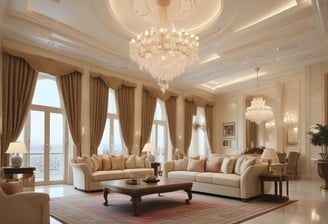 Luxurious living rooms with elegant chandeliers, modern beige sofas and floor-to-ceiling curtains.