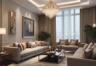 Elegant and spacious living room interiors featuring neutral-toned furniture and crystal chandeliers