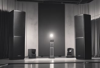 A spacious audio equipment showroom featuring a variety of high-end sound systems. Several tall speakers are aligned against the walls, displaying sleek wooden and metallic finishes. Electronics such as amplifiers and receivers are arranged on modern glass shelves, and a large, plush brown rug covers the floor. A sign on the left side suggests a focus on luxury electronics.