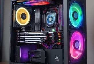 An open computer case with visible internal components, including a cooling fan, a Corsair liquid cooler, MSI graphics cards, RAM modules, and a power supply unit. The components are neatly arranged with power and data cables connected to different parts.
