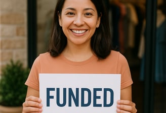 Business owner holding a funded sign