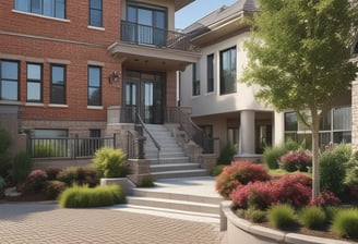 A luxurious beachfront property with a large, elegant building set behind a pristine sandy beach. Palm trees and small thatched structures provide shade along the shoreline. The sea in the foreground is calm and blue, contrasting with the light-colored architecture of the estate.