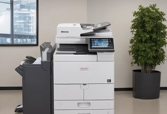 A monochrome image of a black multifunction printer with the brand name visible on the top. The printer displays a control panel and an open paper tray. It is positioned against a plain wall with a small portion of a person or object partially visible in the foreground.